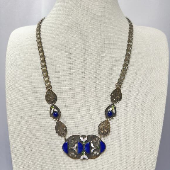 Vintage Czech Art Deco Book Chain Necklace Cobalt Blue Enameled Cabochons & Leaf - Picture 1 of 16